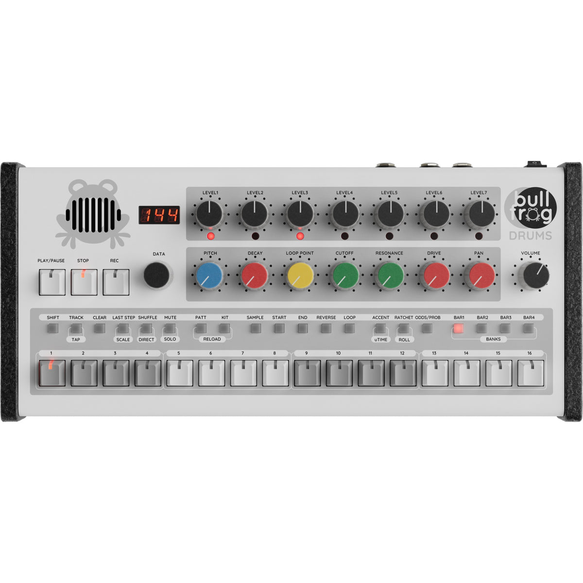 Top view of Erica Synths Bullfrog Drums drum machine, showing knobs, buttons, and control panel for sound creation.