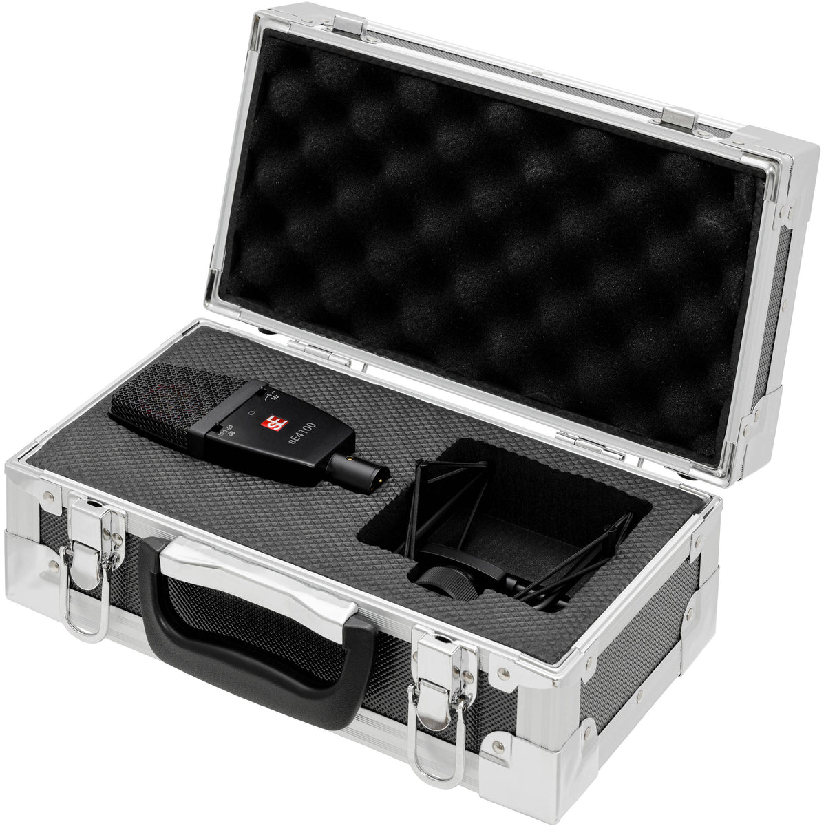 sE Electronics sE4100 condenser microphone with built-in shock mount and sleek black finish, ideal for studio recording.