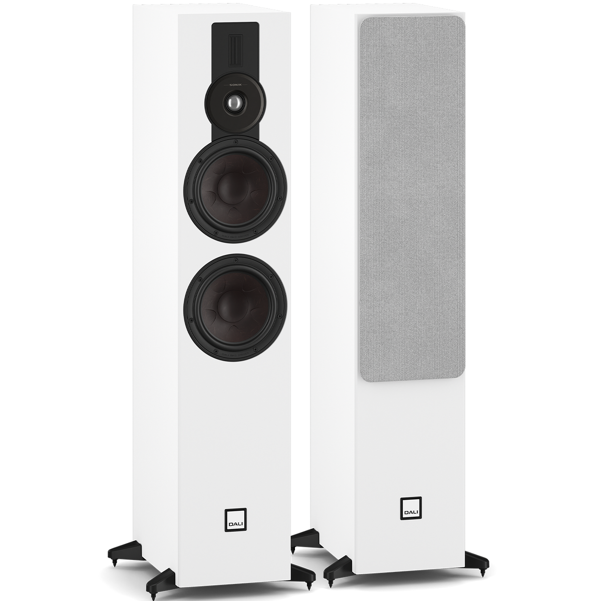 DALI Sonik 7 passive floorstanding speakers with sleek black cabinets and modern design, ideal for high-quality home audio systems.