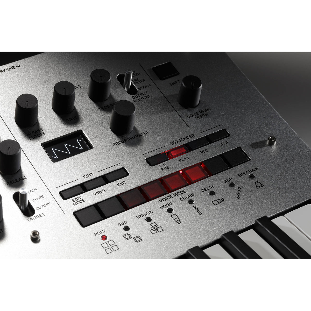 Korg Minilogue synthesizer with knobs and controls, compact electronic music instrument for sound creation and modulation.