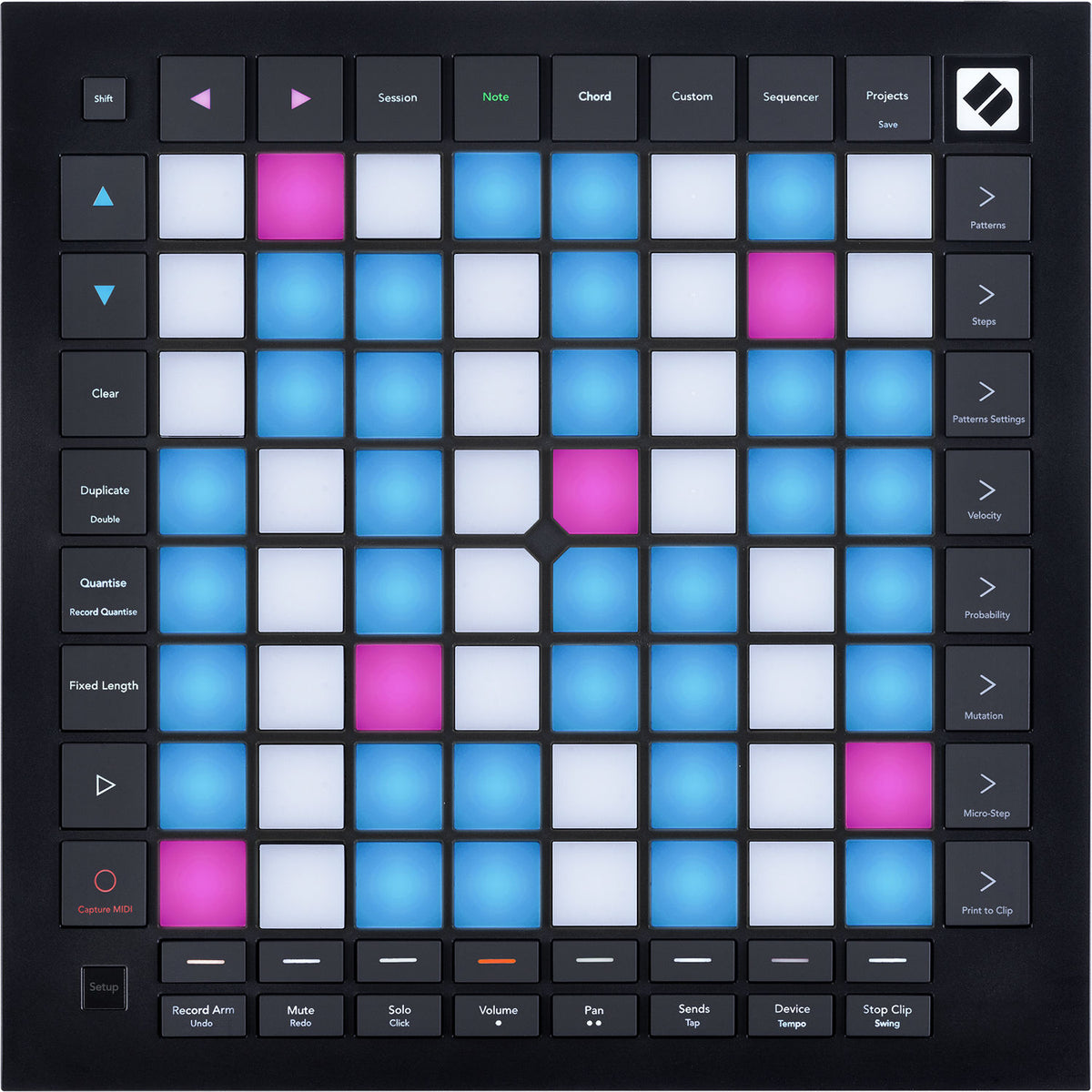 Novation Launchpad Pro MK3 MIDI controller with grid of colorful pads and control buttons for music sequencing and production.