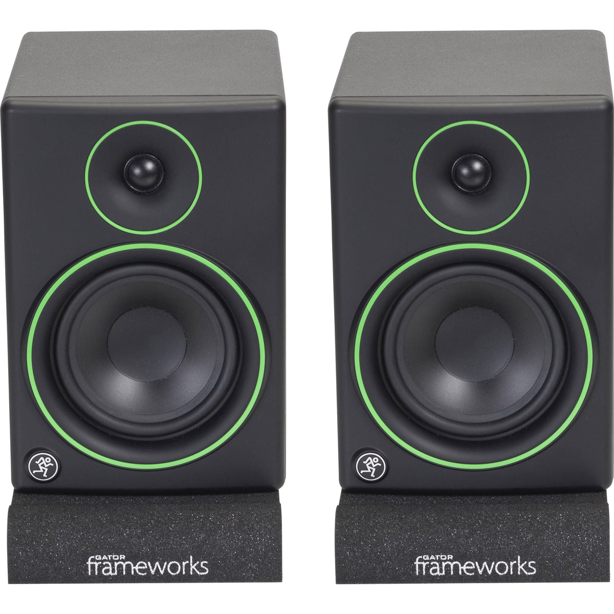 Gator Studio Monitor Isolation Pads placed on studio monitor stands for sound isolation and improved audio clarity.