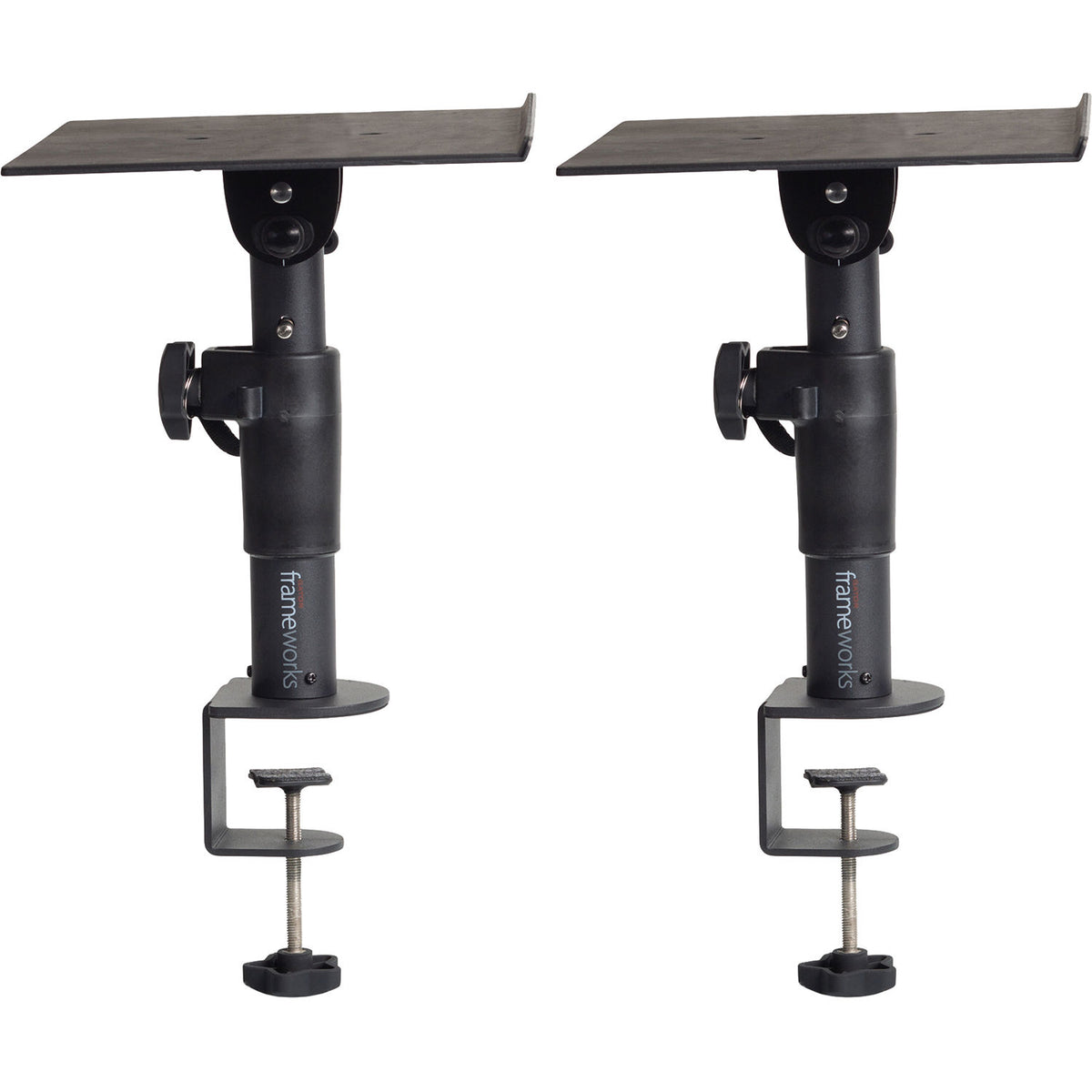 Gator Frameworks clamp-on studio monitor stands with adjustable arms and black finish, designed for professional audio setup.