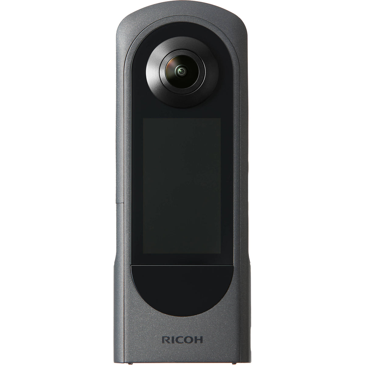 Ricoh Theta X 360-degree video camera with sleek black design and lens, suitable for high-quality immersive video recording.