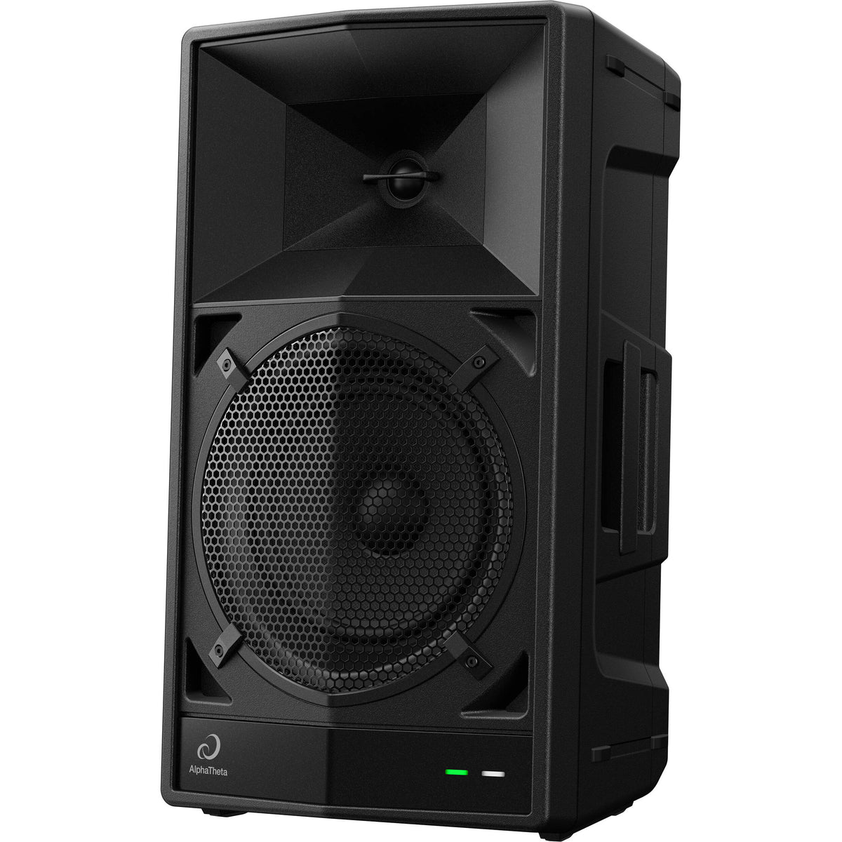 AlphaTheta Wave-Eight battery-powered loudspeakers with sleek design and portable build, ideal for high-quality audio playback.