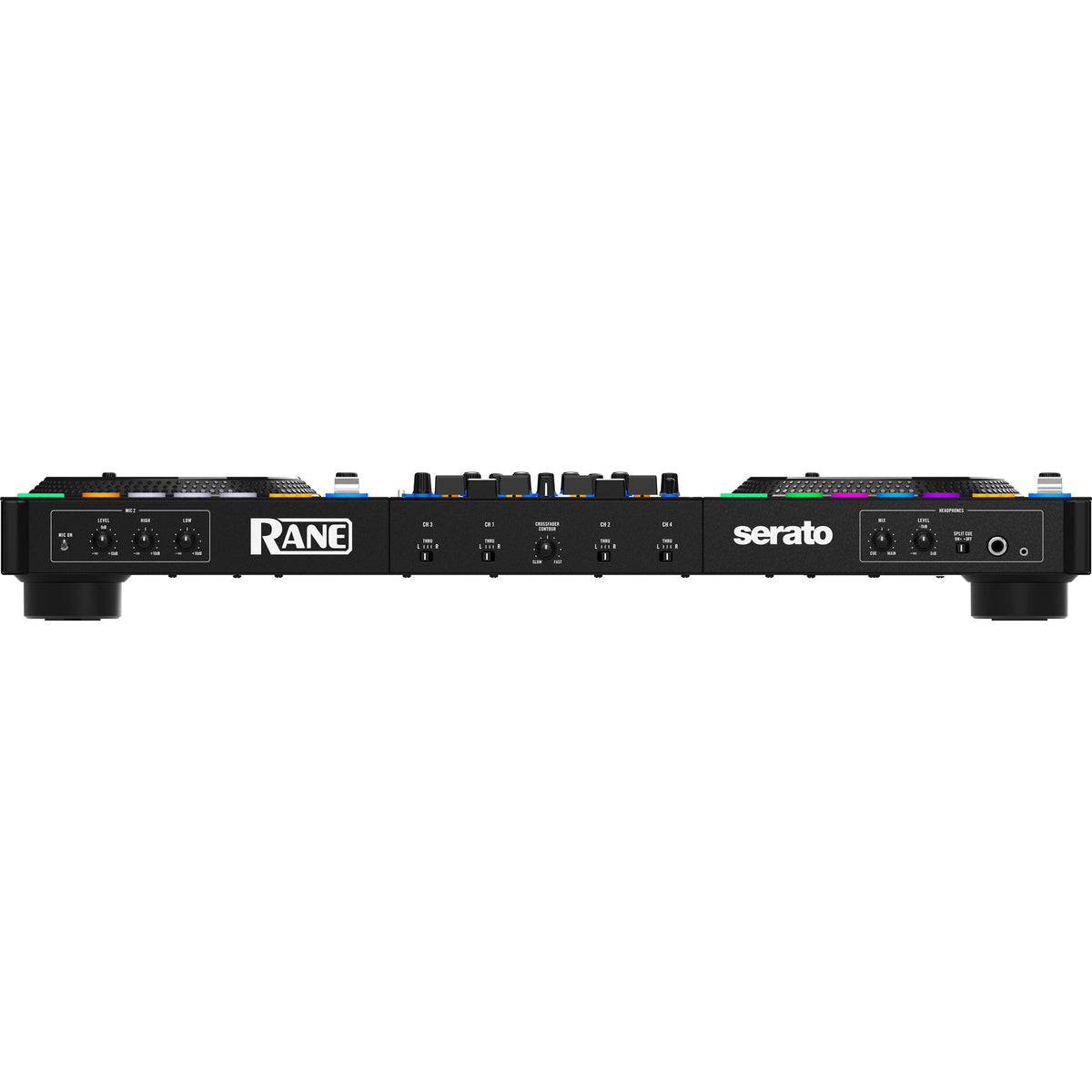 Rane Four DJ controller with dual jog wheels, mixer controls, and professional layout for DJ mixing and performance.