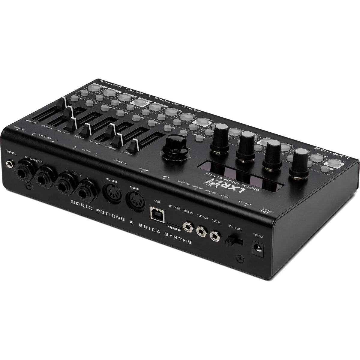 Erica Synths LXR-02 Drum Synthesizer showing control knobs and interface for electronic drum sounds.