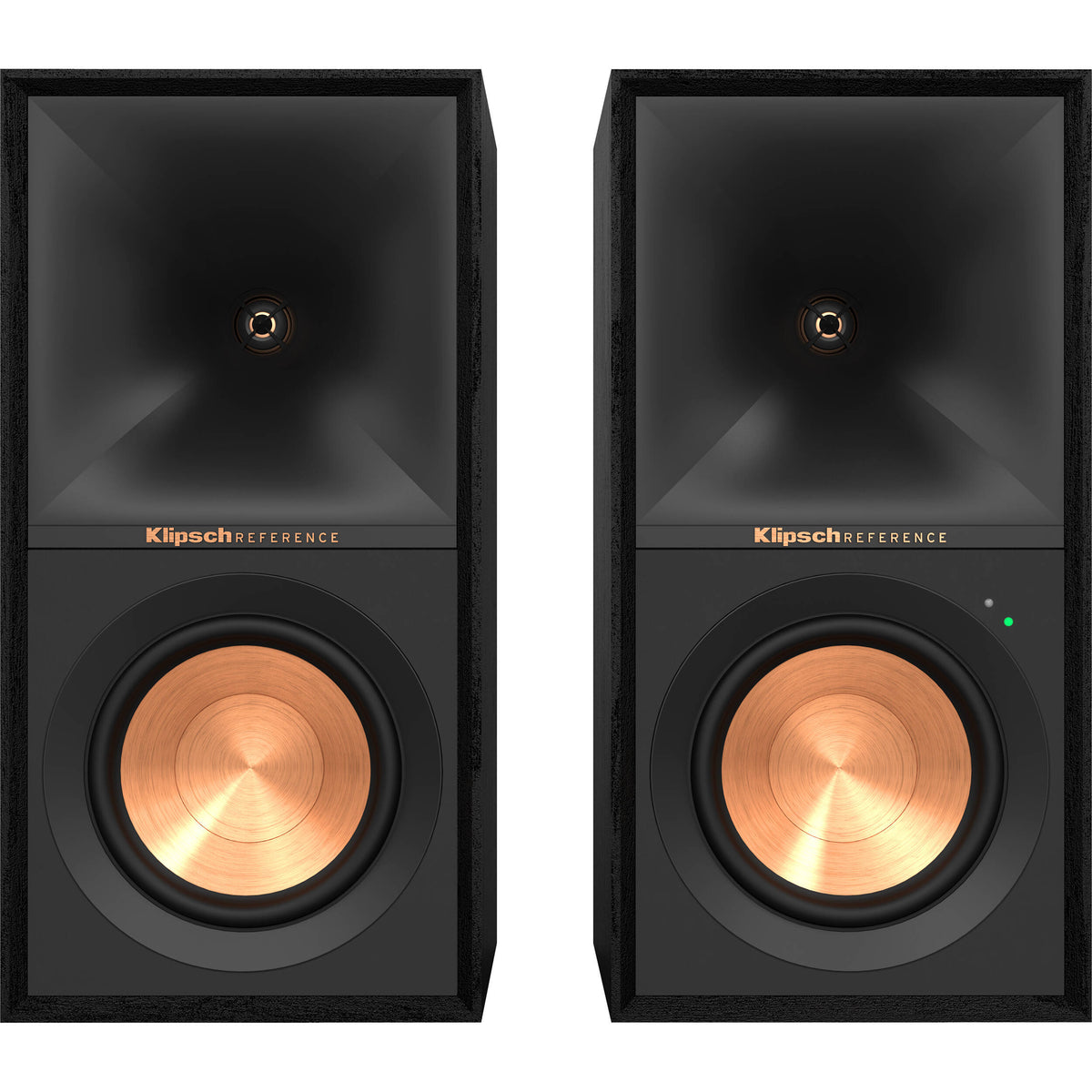 Black Klipsch R-50PM wireless speakers with sleek design and speaker grille, ideal for high-quality audio setup.