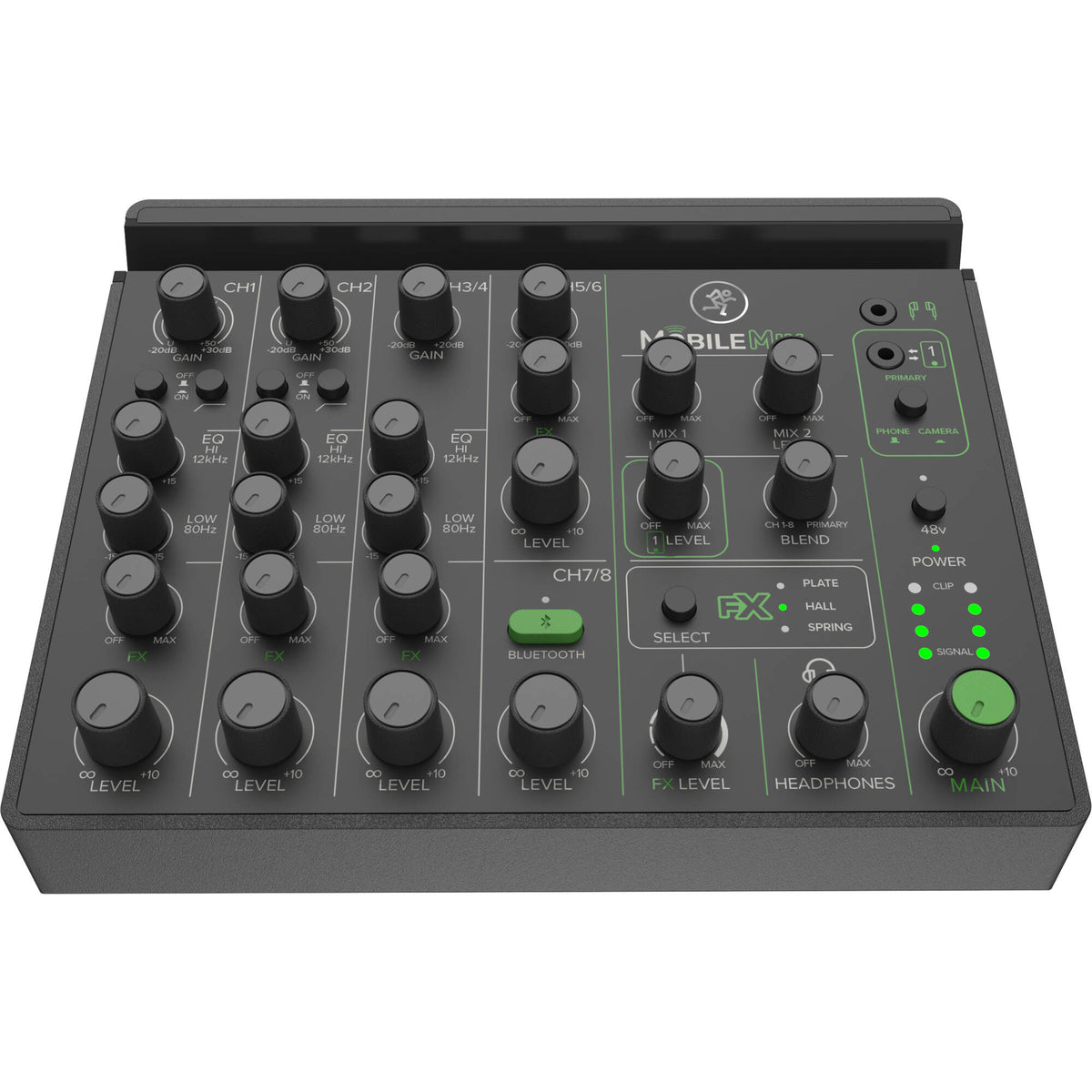 Mackie MobileMix video streaming mixer with multiple input channels and control knobs, designed for professional mobile streaming setups.