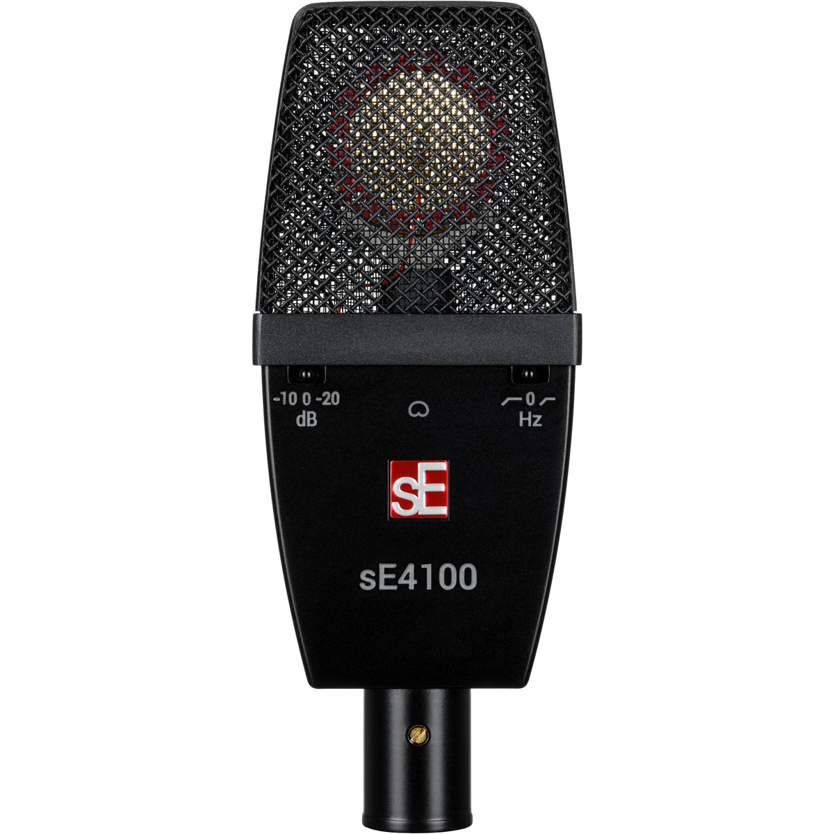 sE Electronics sE4100 condenser microphone with shock mount and pop filter, studio recording setup.