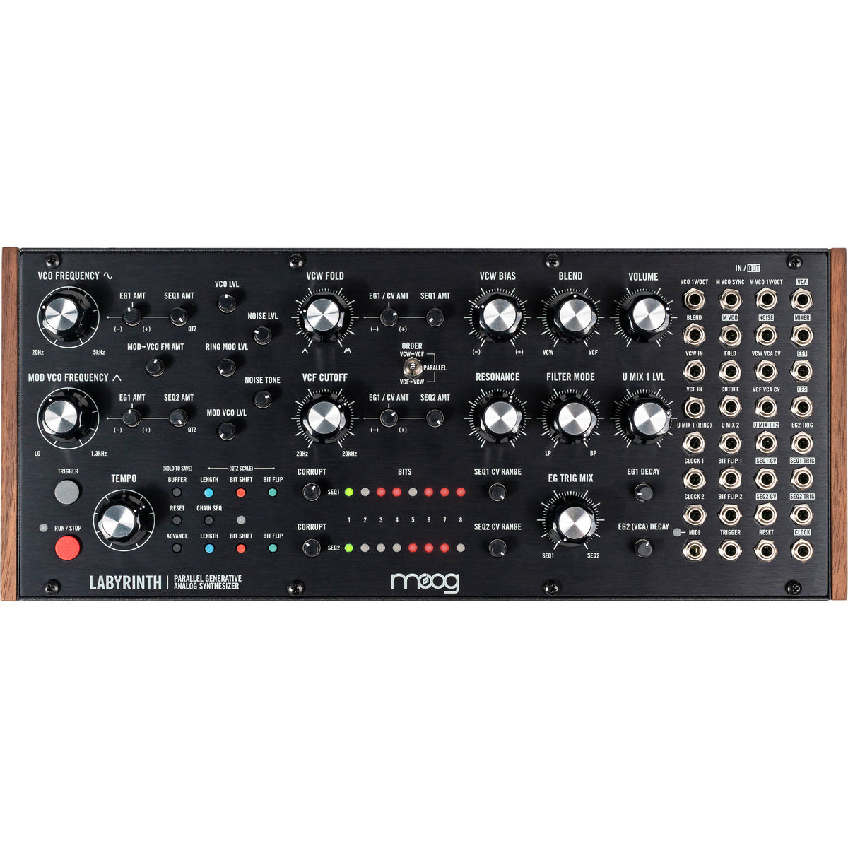 Moog Labyrinth synthesizer with knobs and patch points, featuring a sleek black design and vintage-inspired controls.