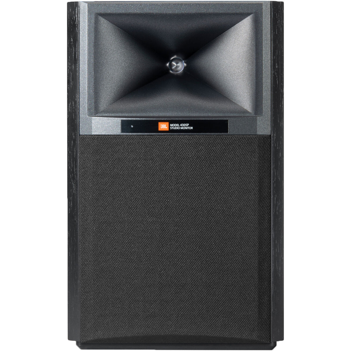 JBL 4305P active bookshelf speakers with sleek black cabinets and front-facing drivers for high-quality audio.