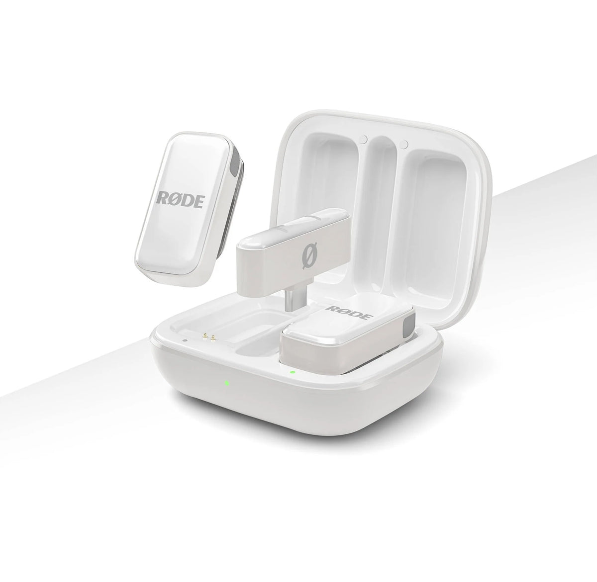 Rode Wireless Micro Lightning system with transmitter and receiver, compact wireless microphone for mobile audio recording.