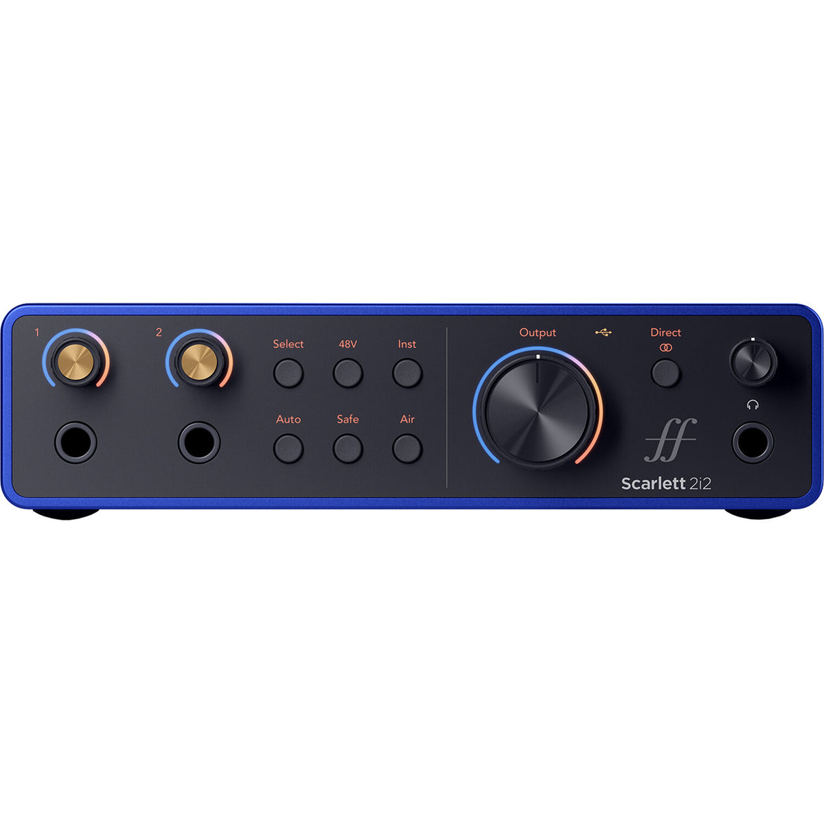 Focusrite Scarlett 2i2 4th Gen Anniversary Edition audio interface with compact design and colorful LED indicators.