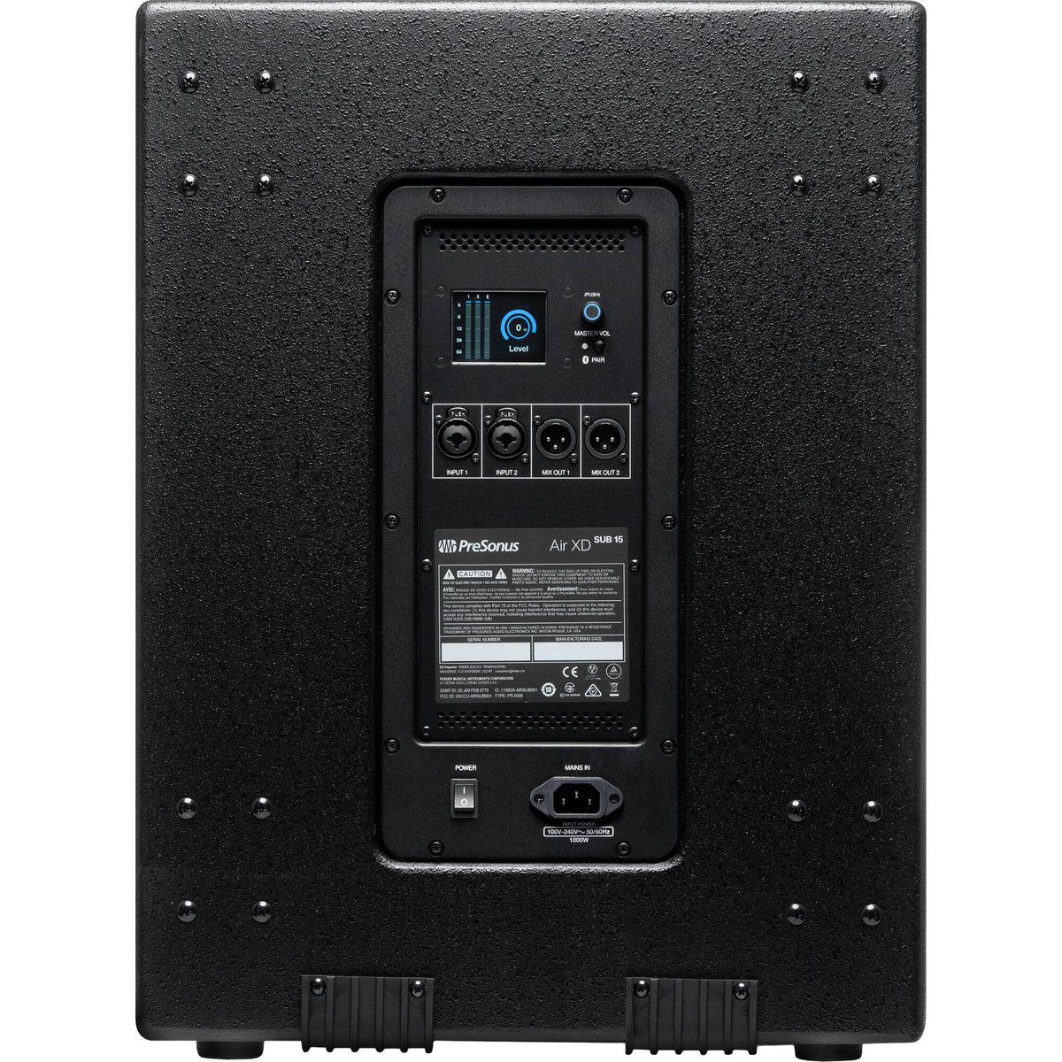 Presonus Air XD Sub 15 active subwoofer with black enclosure, front grille, and control panel for enhanced bass sound.