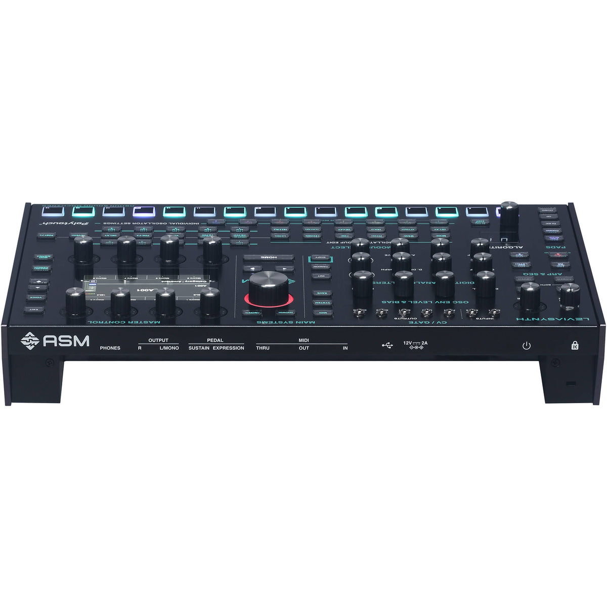 ASM Leviasynth Desktop synthesizer with knobs and controls, compact electronic music instrument for studio and performance use.