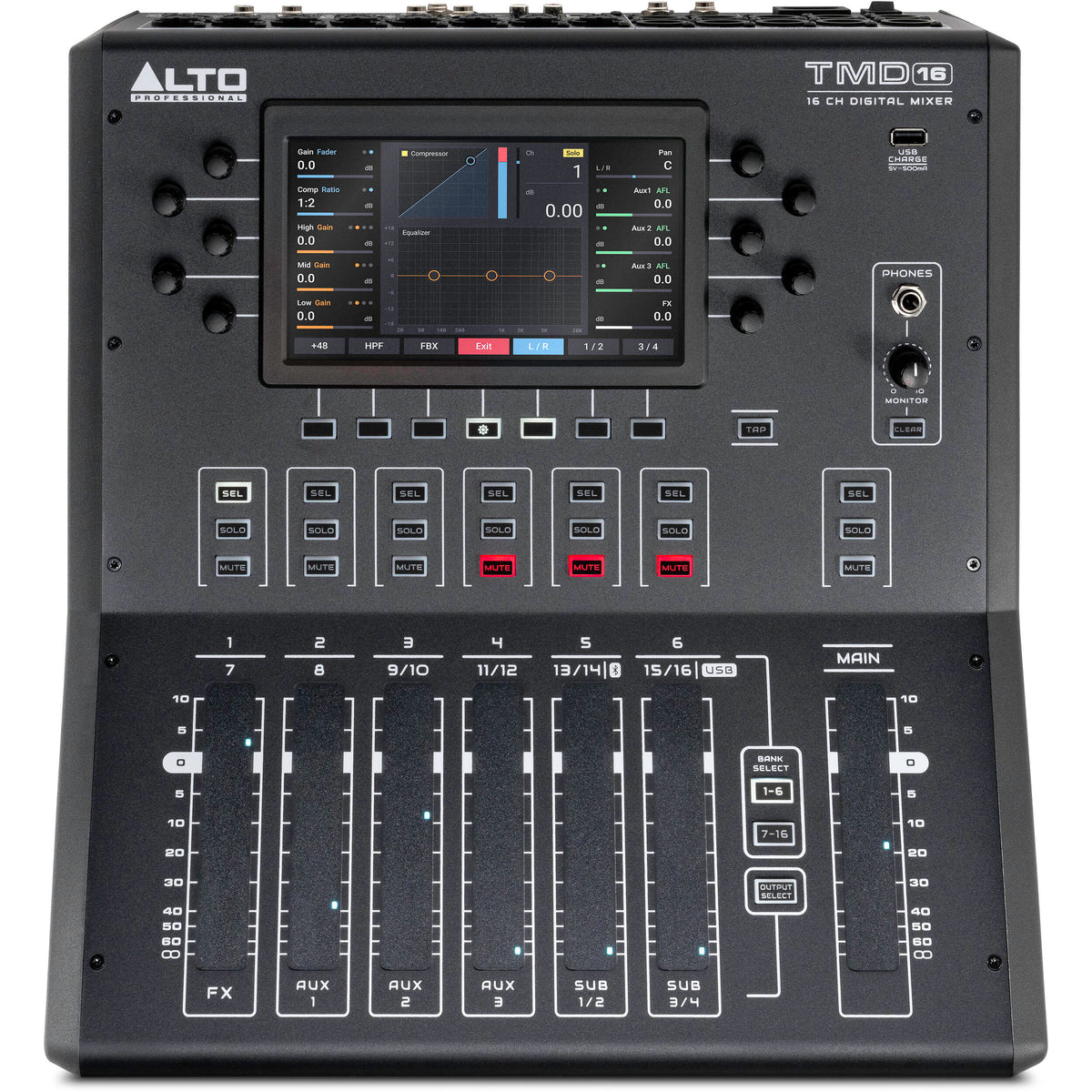 Alto Professional TMD16 digital mixer with multiple input channels and control knobs, compact audio mixing device.