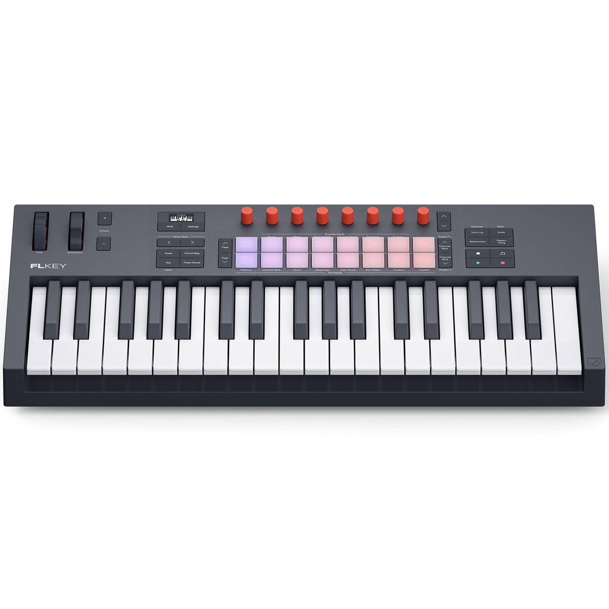Novation FLkey 2 37 MIDI keyboard controller with keys and control knobs, designed for music production and performance.