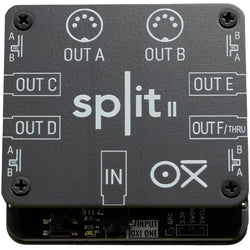 OXI Instruments Split 2 MIDI interface with multiple input/output ports and compact design, used for music production and MIDI control.