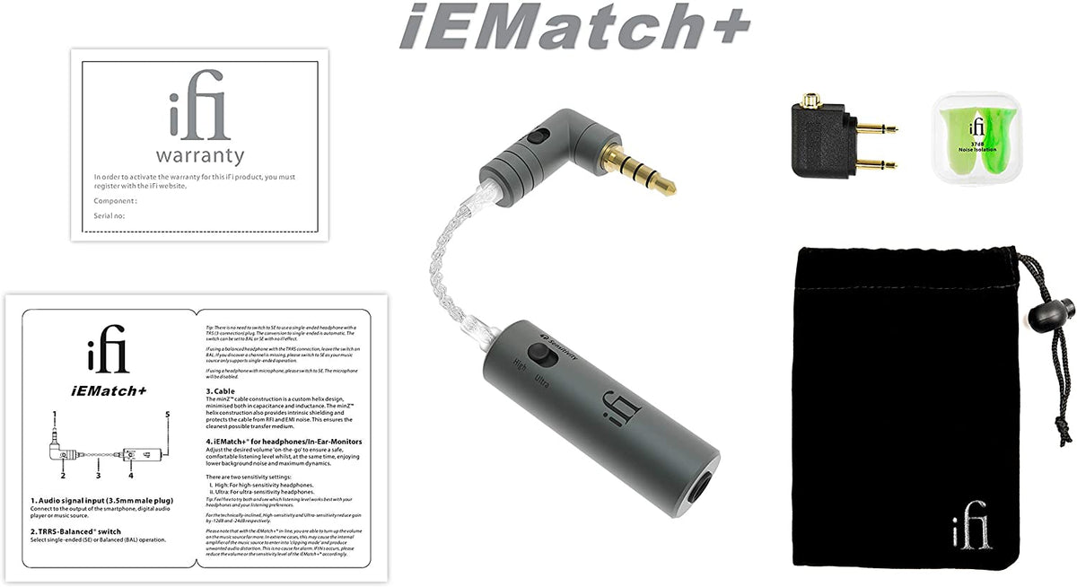 iFi Audio iEMatch+ headphone adapter and splitter for improved audio quality and noise reduction in a compact design