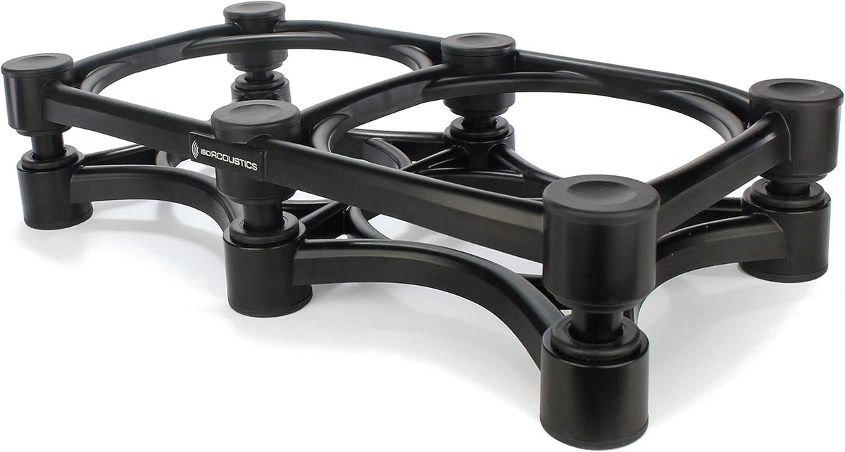 IsoAcoustics ISO-430 studio monitor stands supporting audio speakers on a desk, enhancing sound clarity and stability.