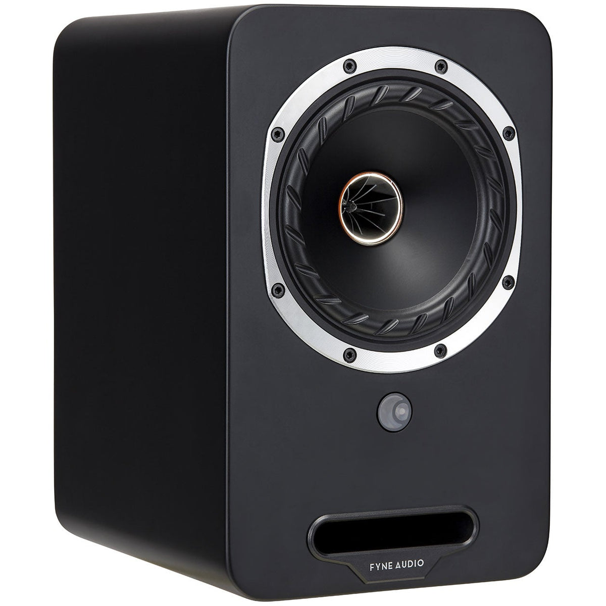 Fyne Audio Cubitt 5 active bookshelf speakers in midnight black with sleek design and compact form for high-quality sound.