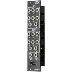 Close-up of the OXI Instruments Pipe MKII semi-modular synthesizer module showing its knobs and input jacks.