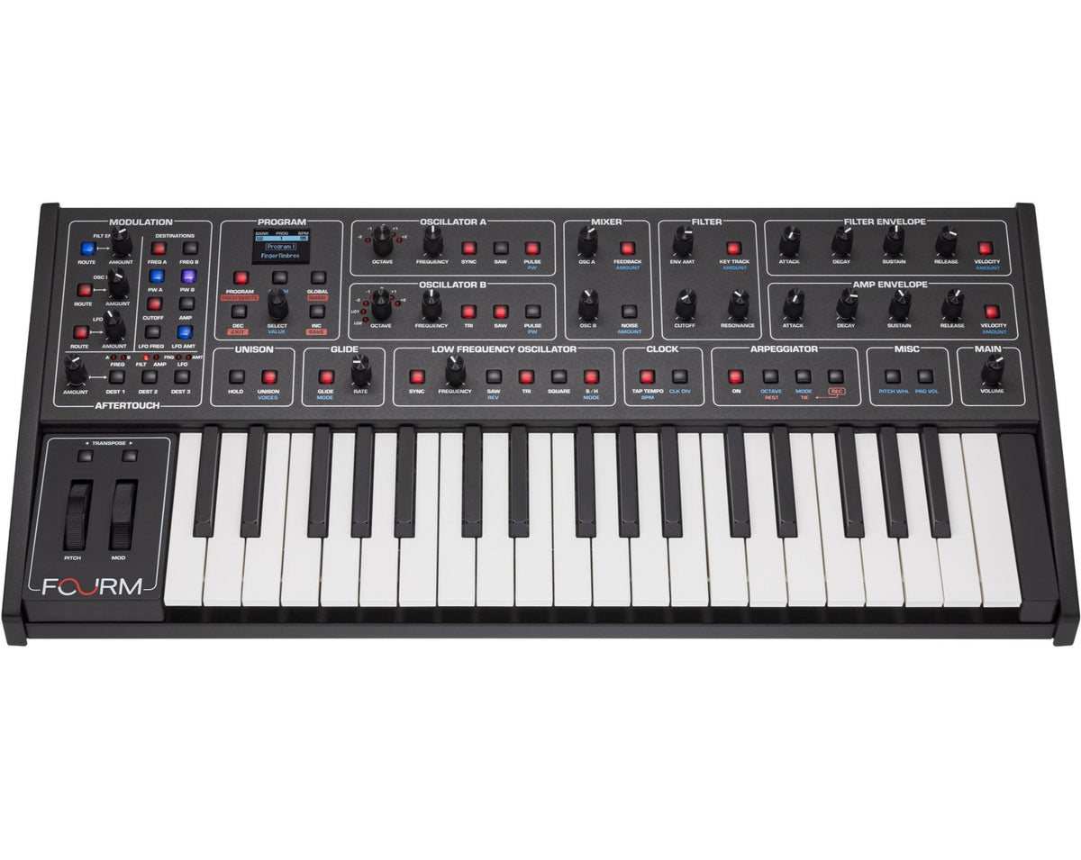 Sequential Fourm keyboard synthesizer with multiple knobs and controls, featuring a sleek black design and a compact layout.