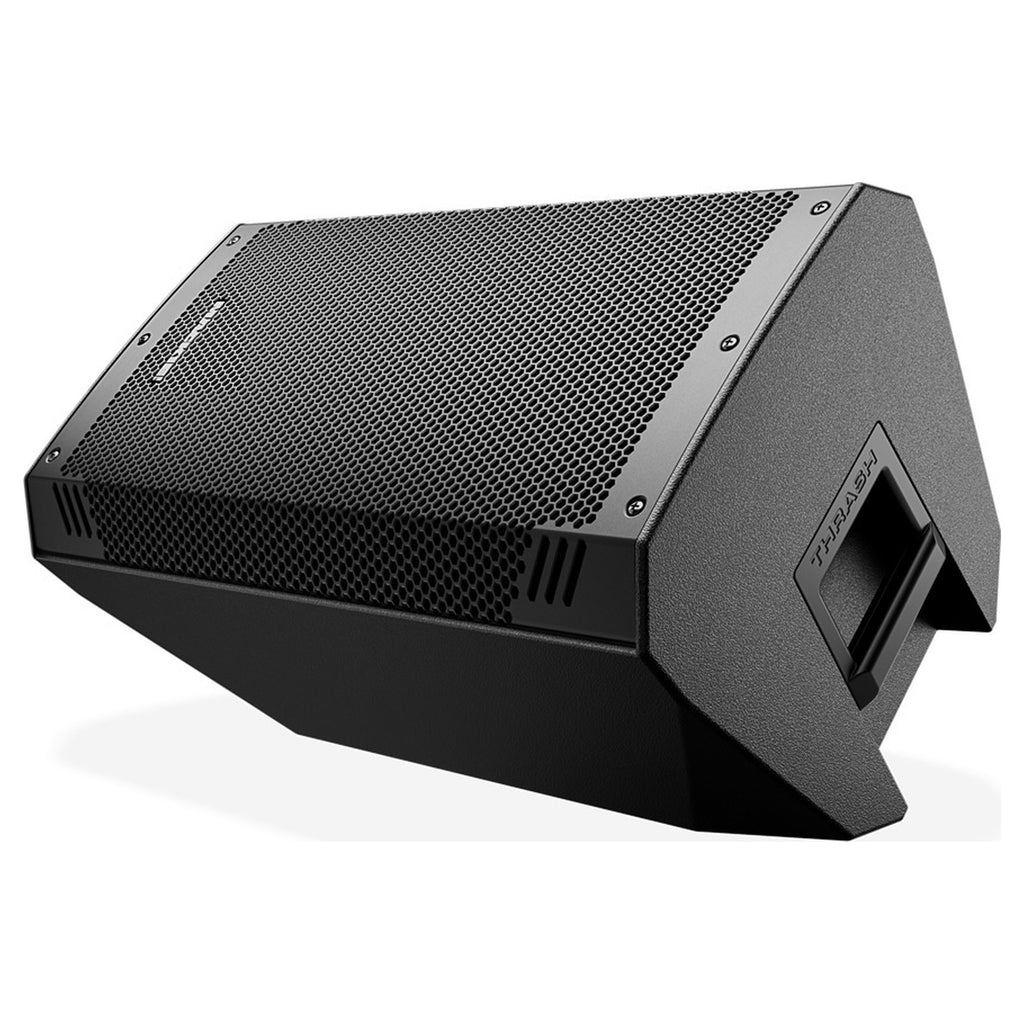 Mackie Thrash12v2 lying on its side in wedge position for use as a stage monitor