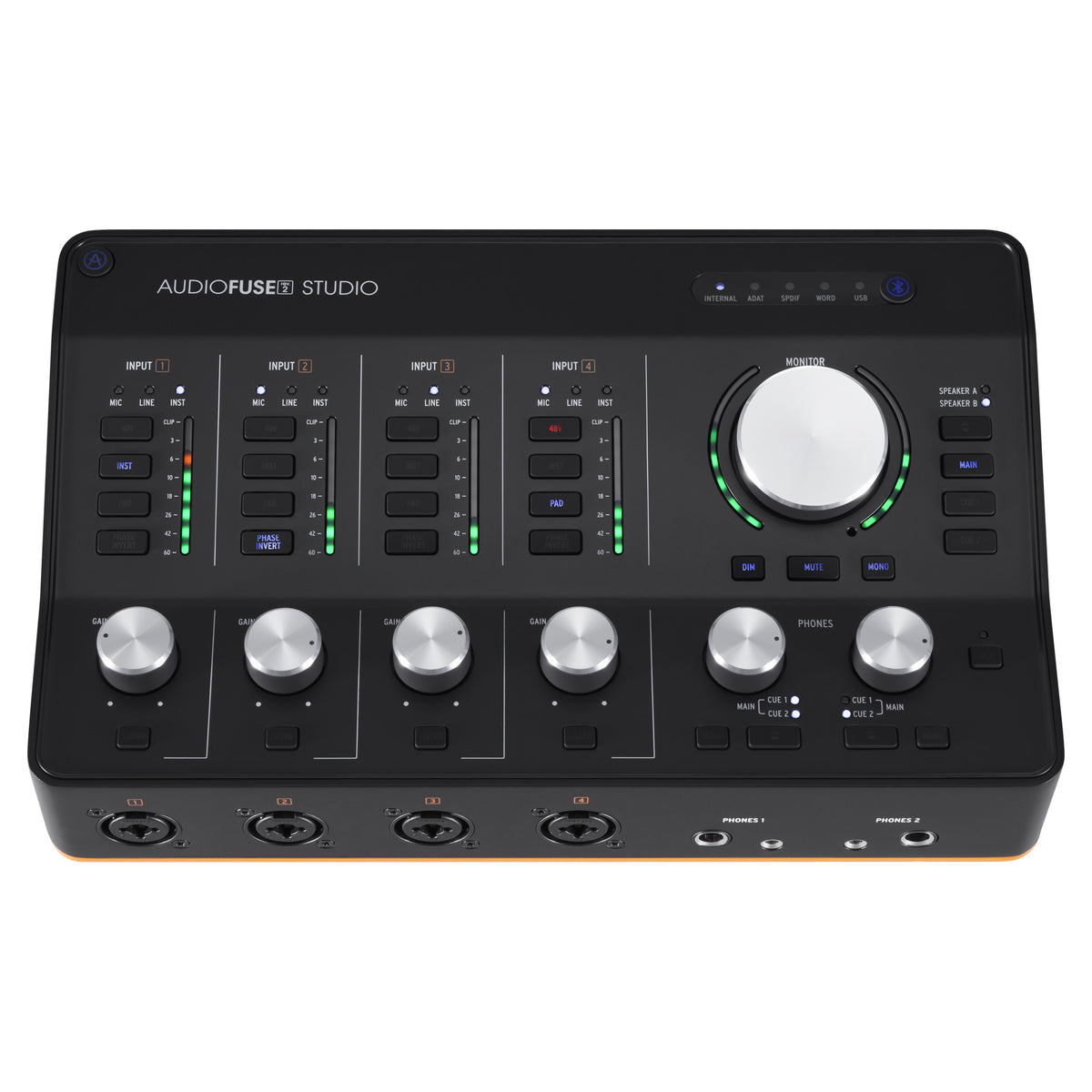 Arturia AudioFuse Studio Rev2 audio interface, top panel with four DiscretePRO preamp channels