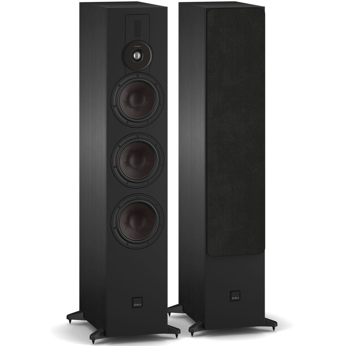 DALI Sonik 9 passive floorstanding speakers with sleek black cabinets and dual drivers, designed for high-quality home audio.