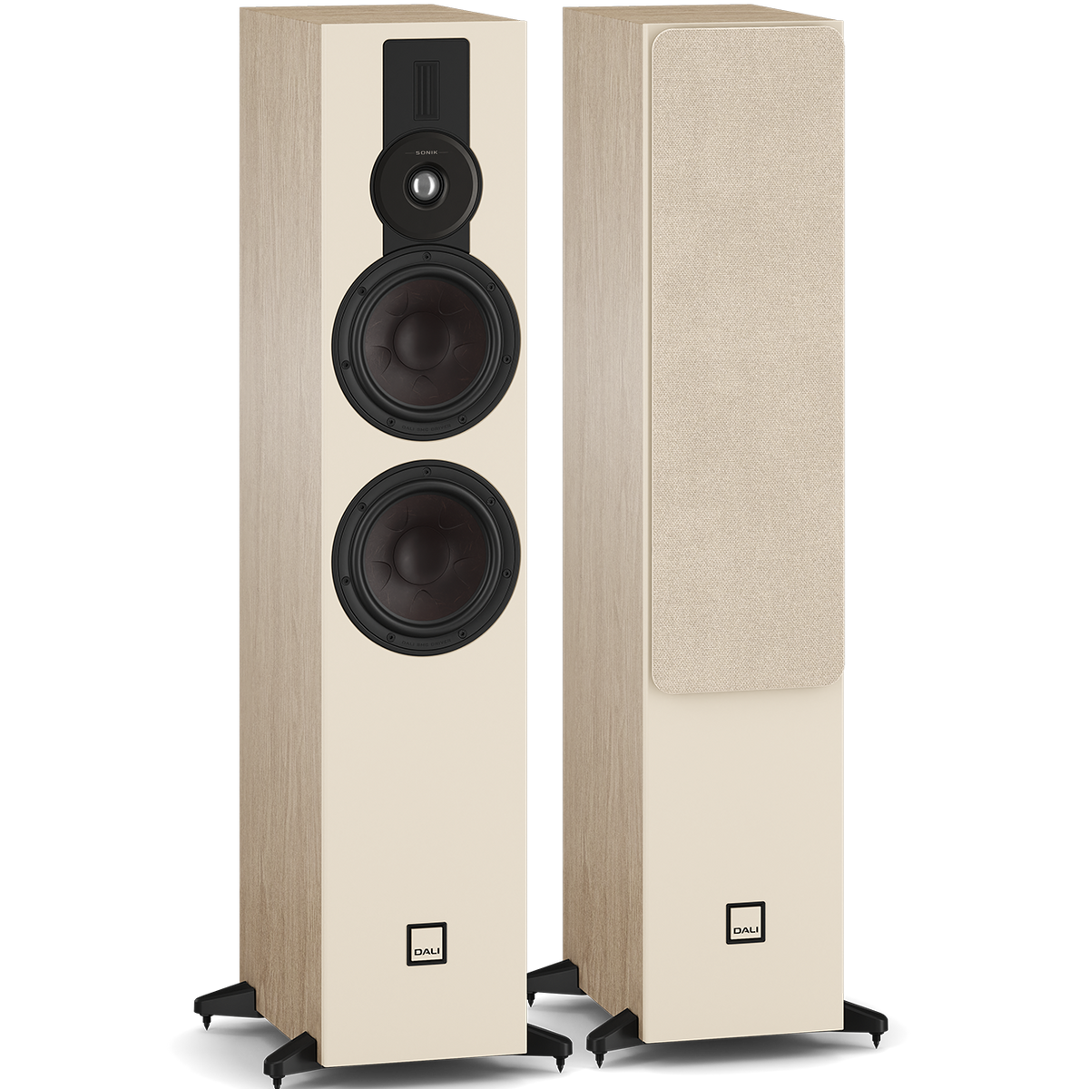 DALI Sonik 7 passive floorstanding speakers with sleek black cabinets and multiple drivers for high-quality sound in a home audio setup.