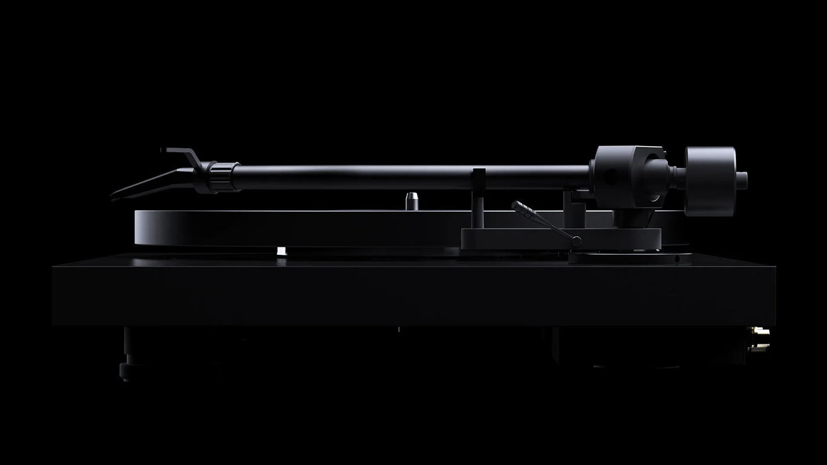 Side view of Pro-Ject Debut Pro S turntable in satin black, showcasing its sleek design and high-quality build.