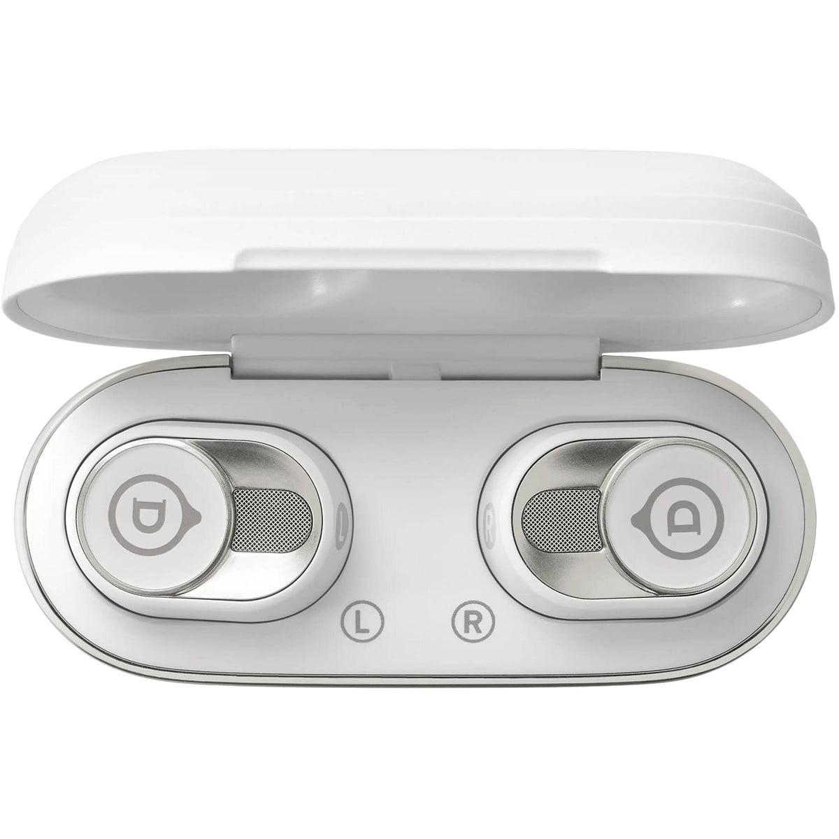 Devialet Gemini II wireless in-ear headphones, white case open with earbuds