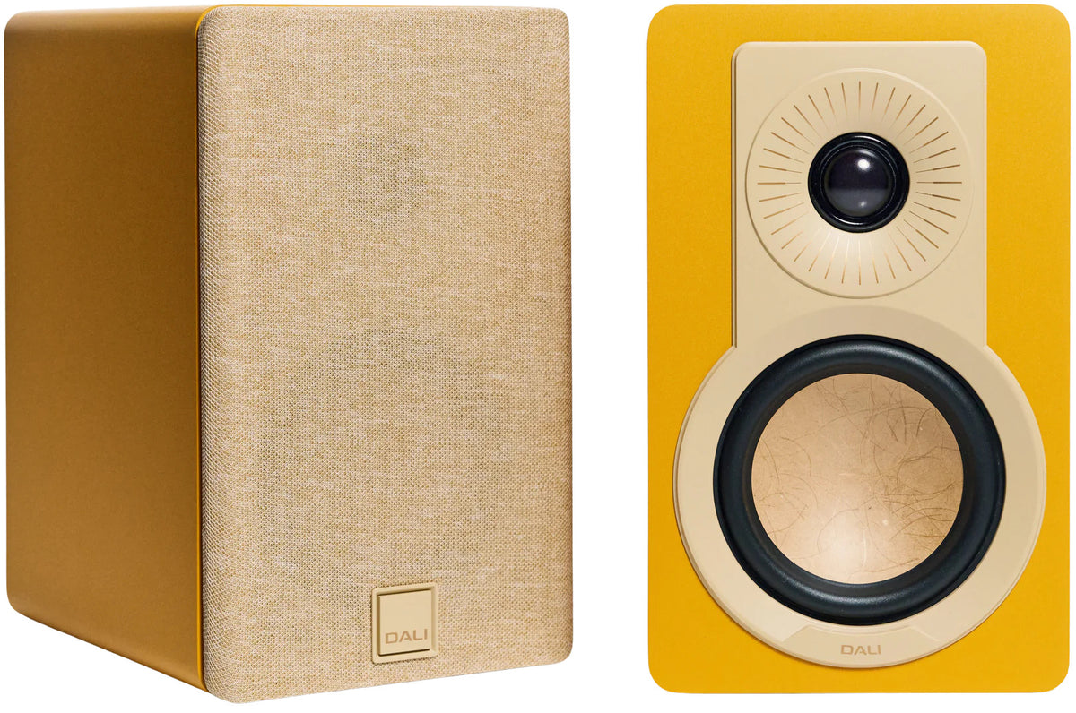 DALI Kupid passive bookshelf speakers with sleek black finish, compact design, and high-quality audio components.