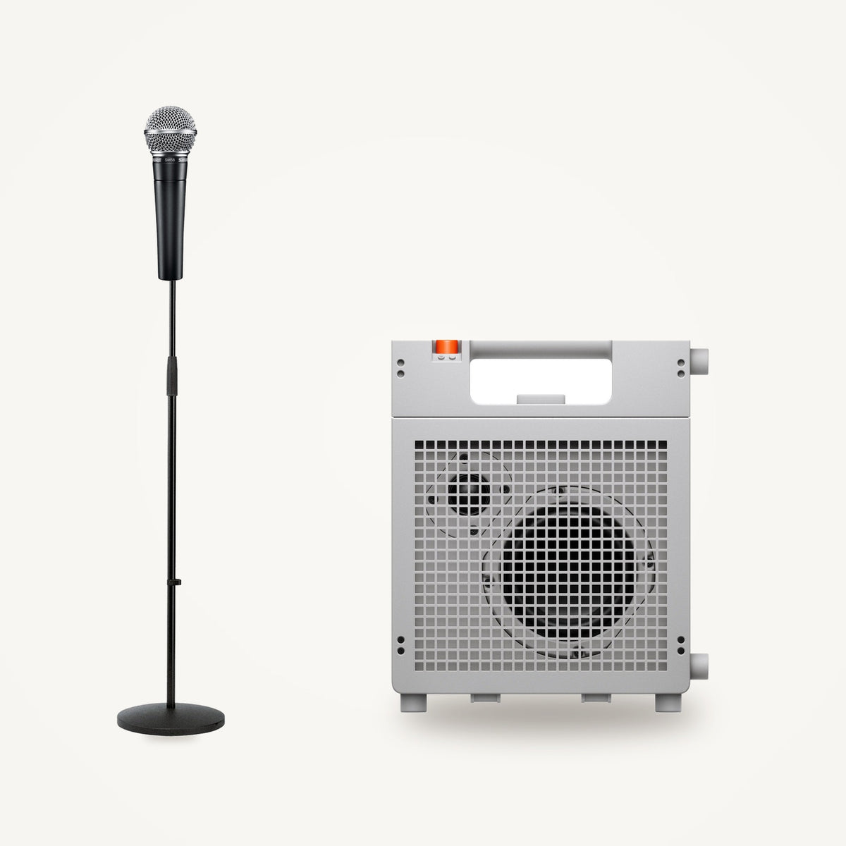 Teenage Engineering EP-35 K.O. AMP with a Shure SM58 vocal microphone on a K&M 260/1 stand