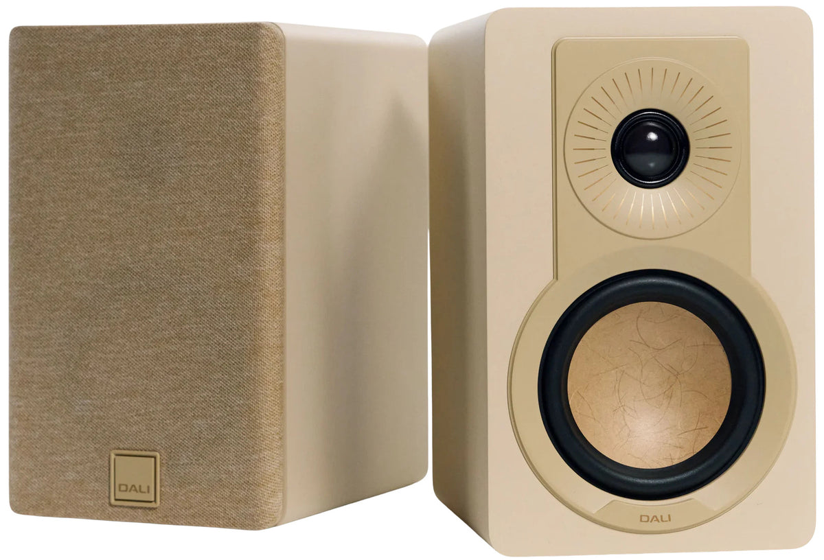 DALI Kupid passive bookshelf speakers with sleek black cabinets and compact design, ideal for home audio setups.