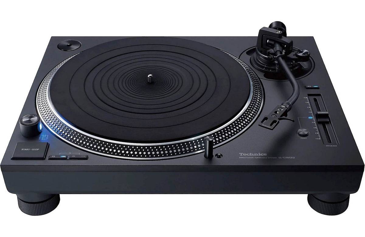 Technics SL-1210GR2 turntable with sleek black finish, tonearm, and platter, showcasing high-quality audio equipment design.