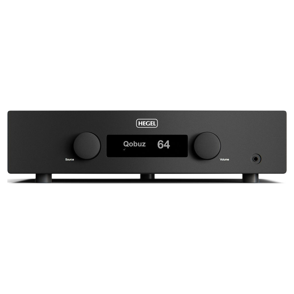 Hegel H200 streaming integrated amplifier in black, front panel with source and volume controls and OLED display