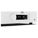 Hegel H200 integrated amplifier in white finish, front panel detail with HEGEL logo and display