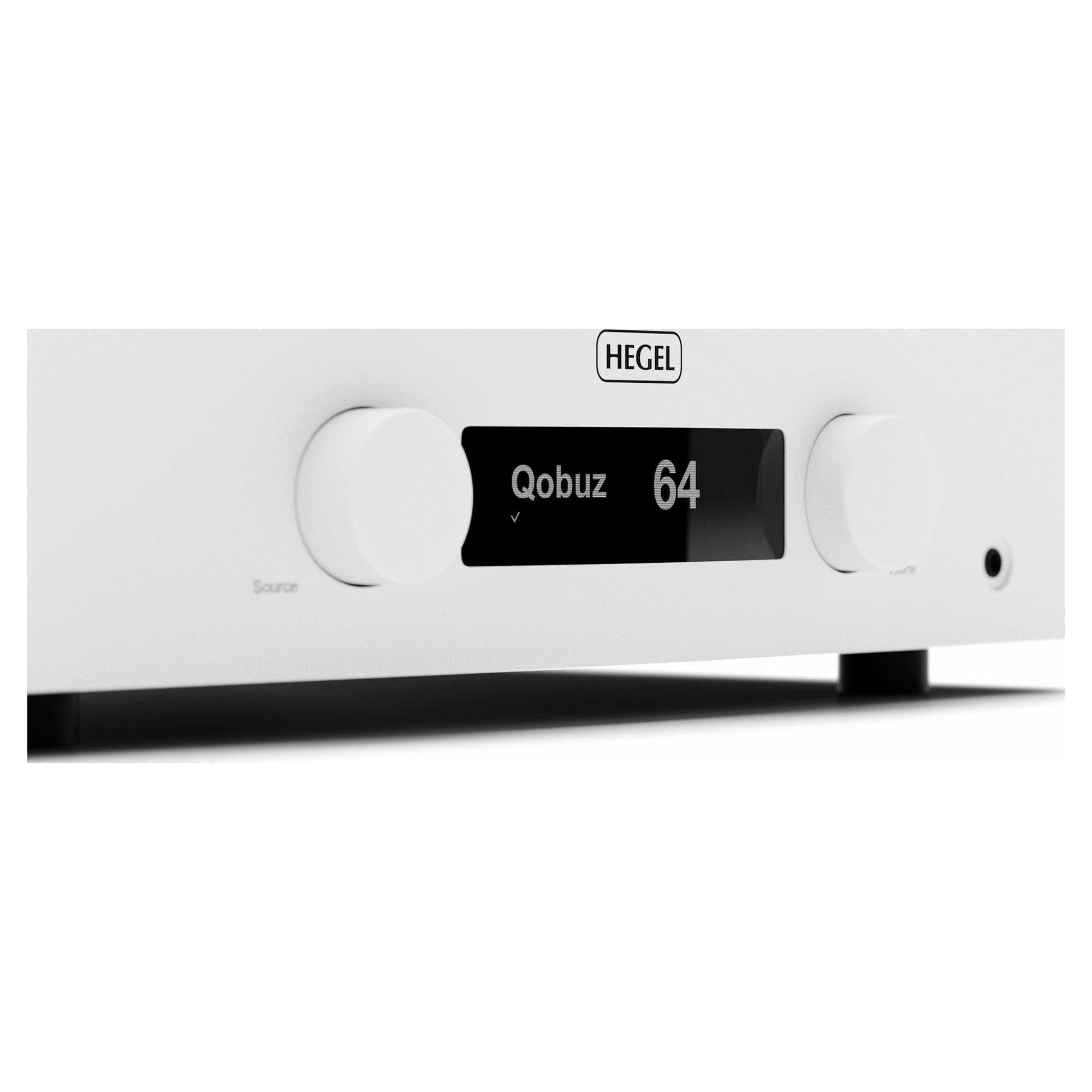 Hegel H200 integrated amplifier in white finish, front panel detail with HEGEL logo and display