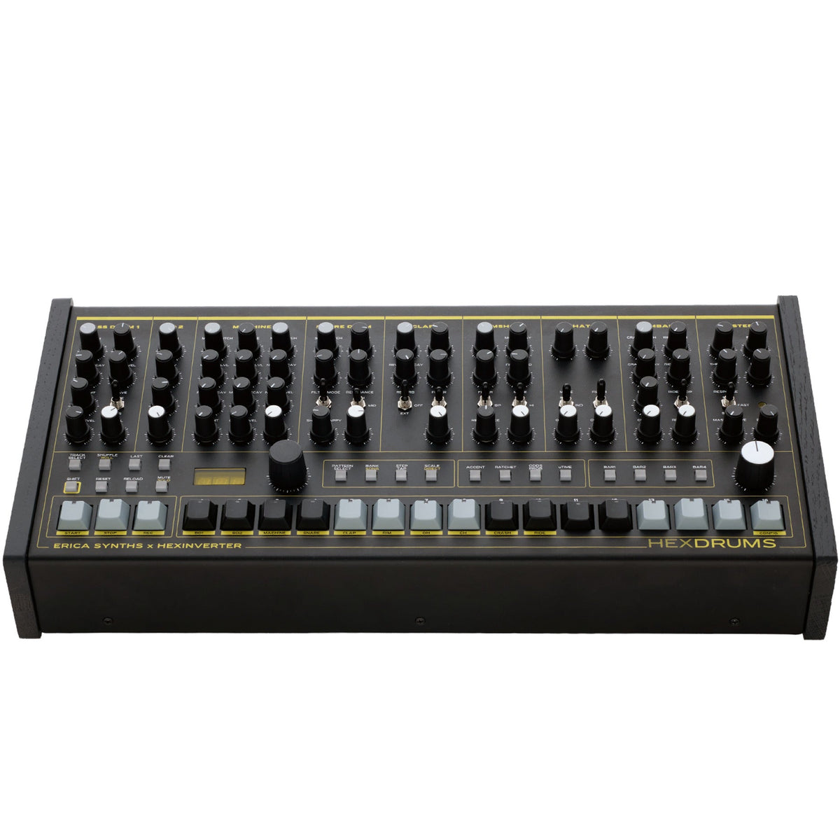 Erica Synths Hexdrums drum machine and sampler with multiple knobs and pads for electronic music production.