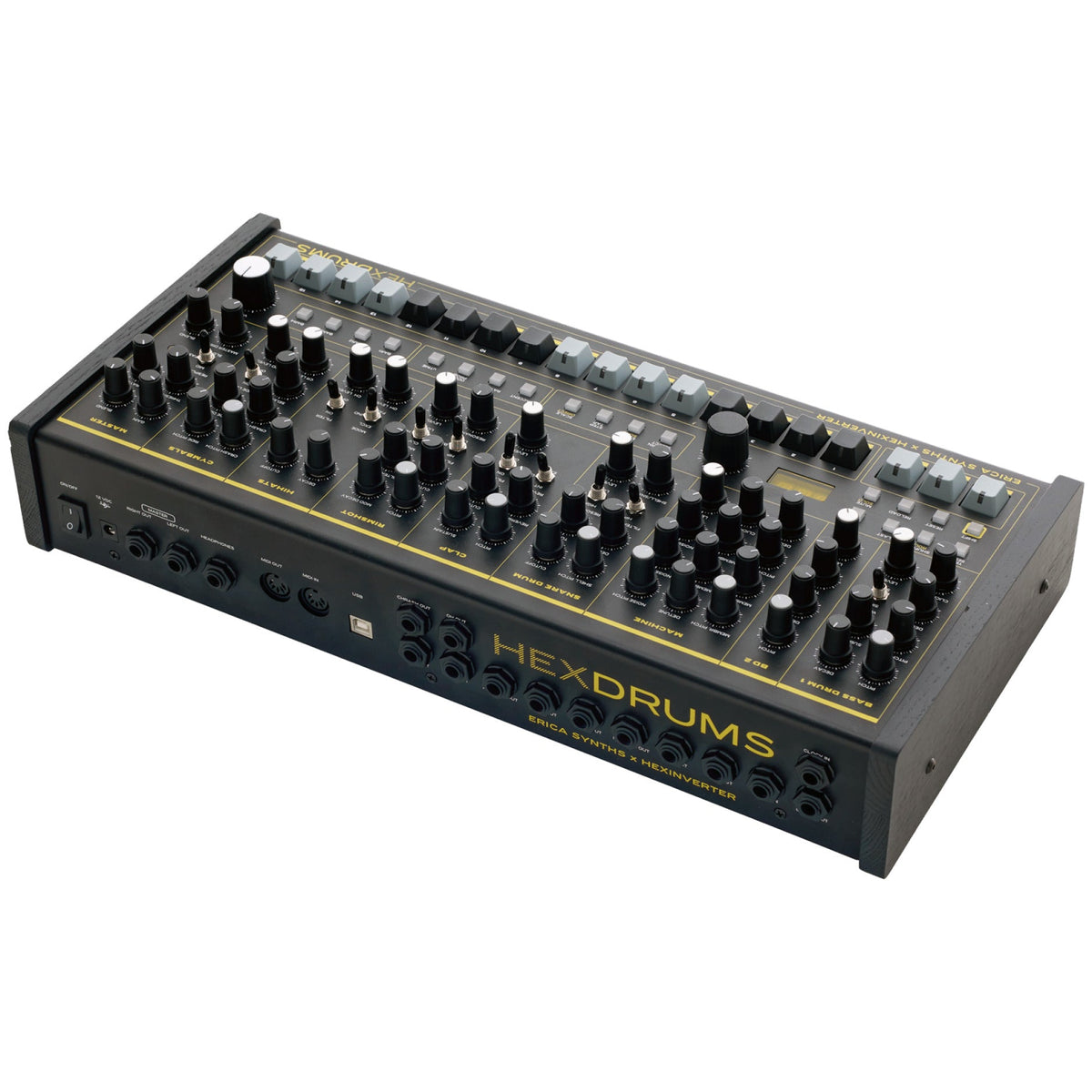 Erica Synths Hexdrums drum machine with multiple knobs and pads, featuring a compact black design and colorful control elements.