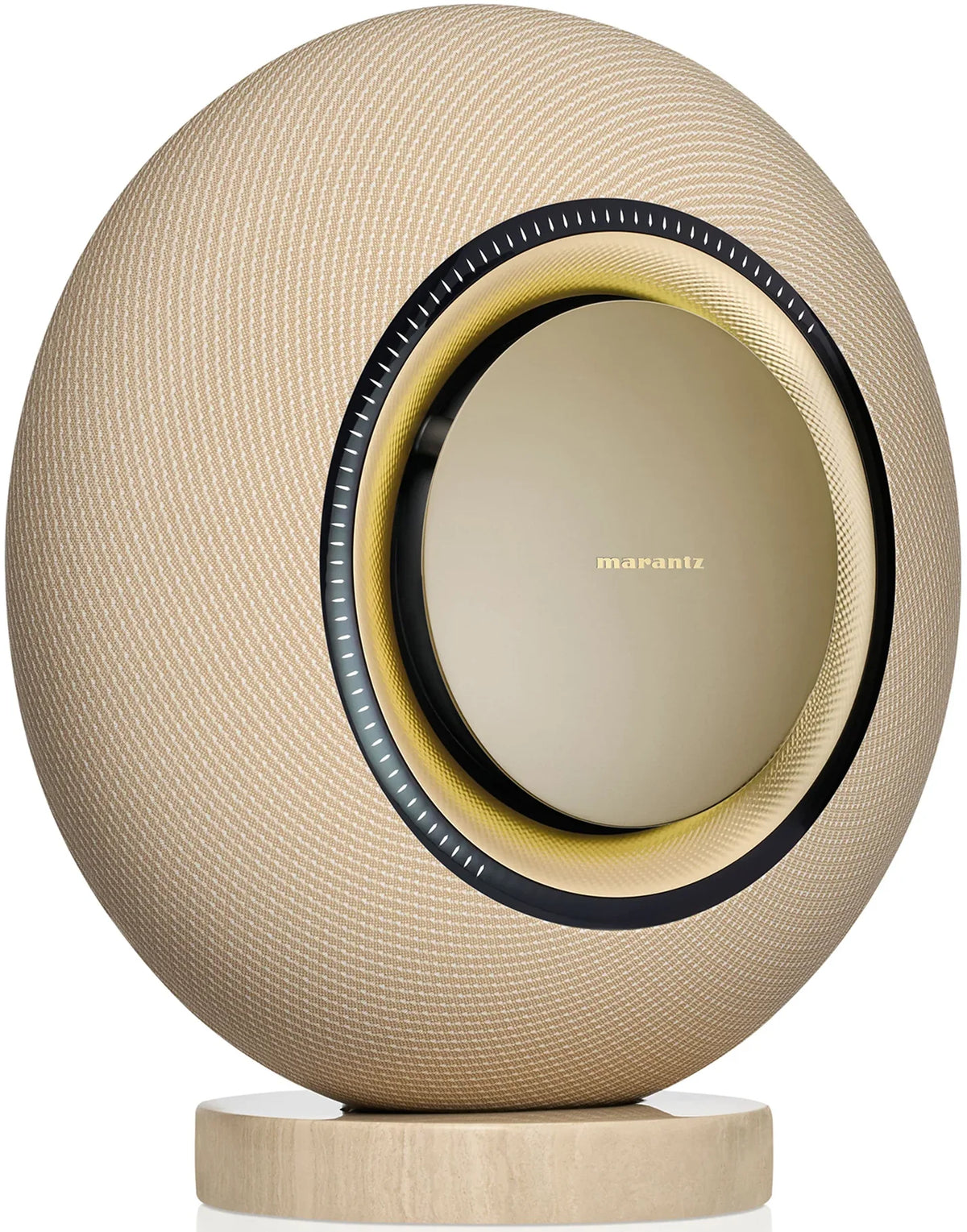 Marantz Horizon Grand wireless speaker in champagne color, angled view showing sleek design and modern speaker grille.