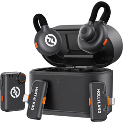 Hollyland Lark M2S Ultimate Combo wireless microphone system with 3 receiver units for camera, USB-C, and Lightning connections.