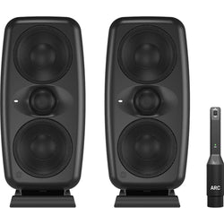 IK Multimedia iLoud MTM MK2 active nearfield monitors shown with sleek black cabinets and front-firing bass ports.