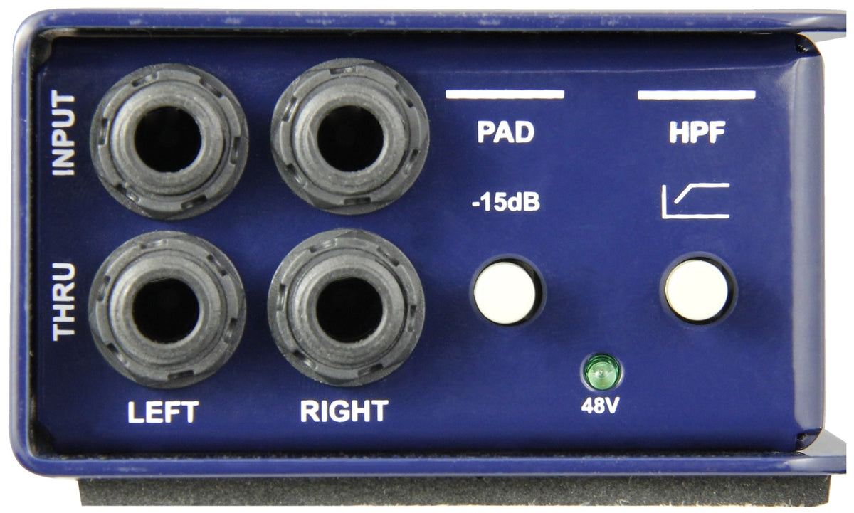 Radial Engineering J48 stereo DI box front view showing input and output connections for professional audio use.