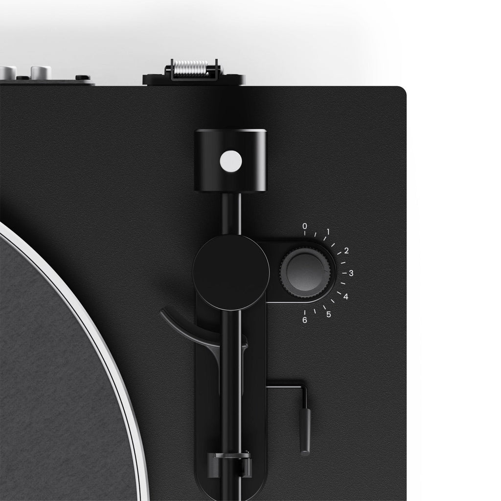Kanto Audio OBI3 Gen 2 turntable, Black, top view, tonearm and speed controls