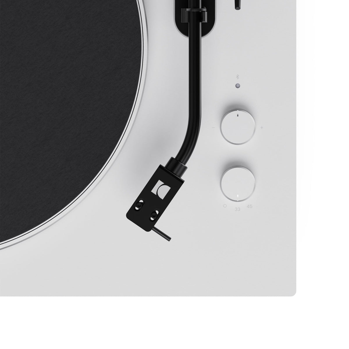 Kanto Audio OBI3 Gen 2 turntable, White, close-up of tonearm and start/speed buttons