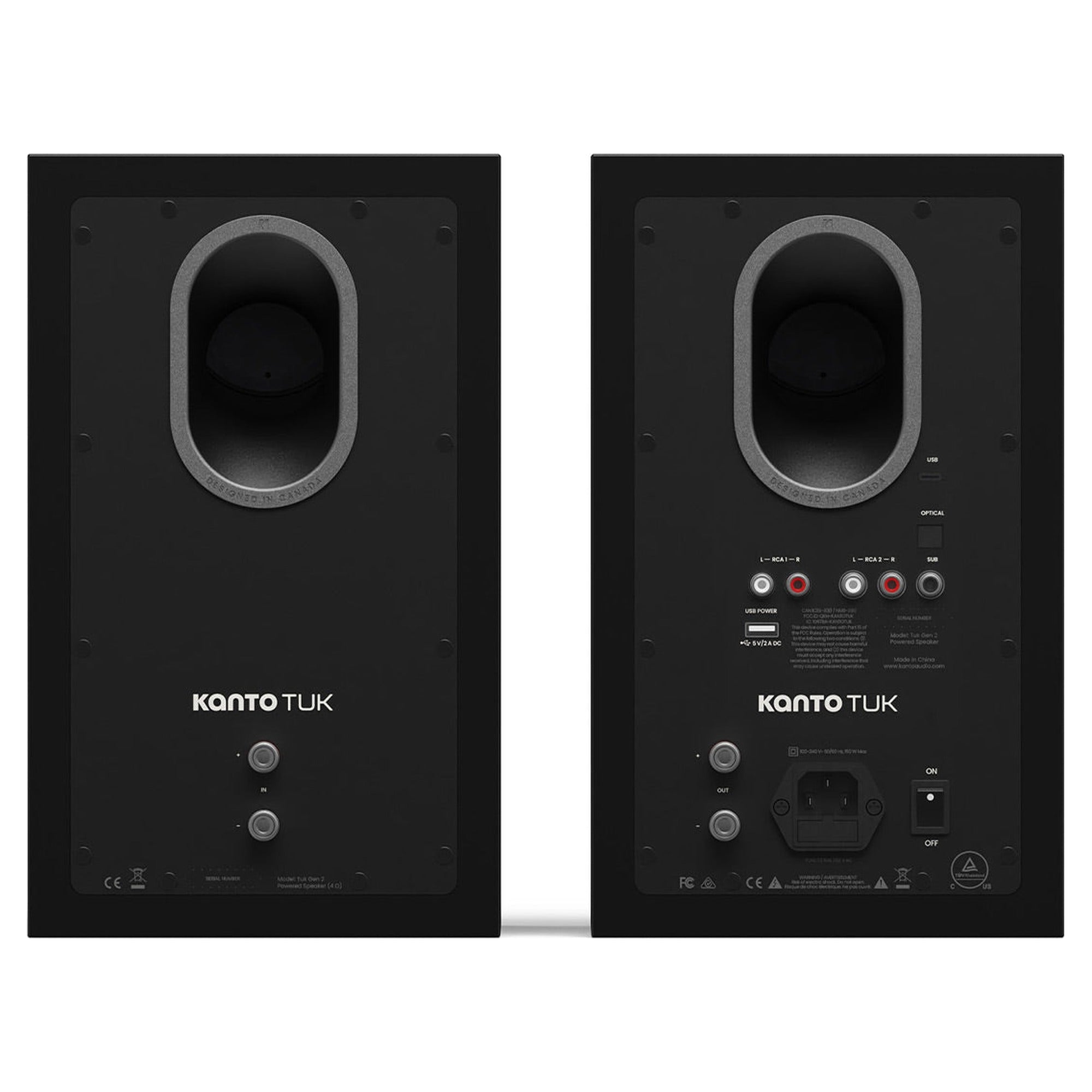 Kanto Audio TUK G2 in Matte Black, rear view with RCA, USB-C, optical inputs and subwoofer output